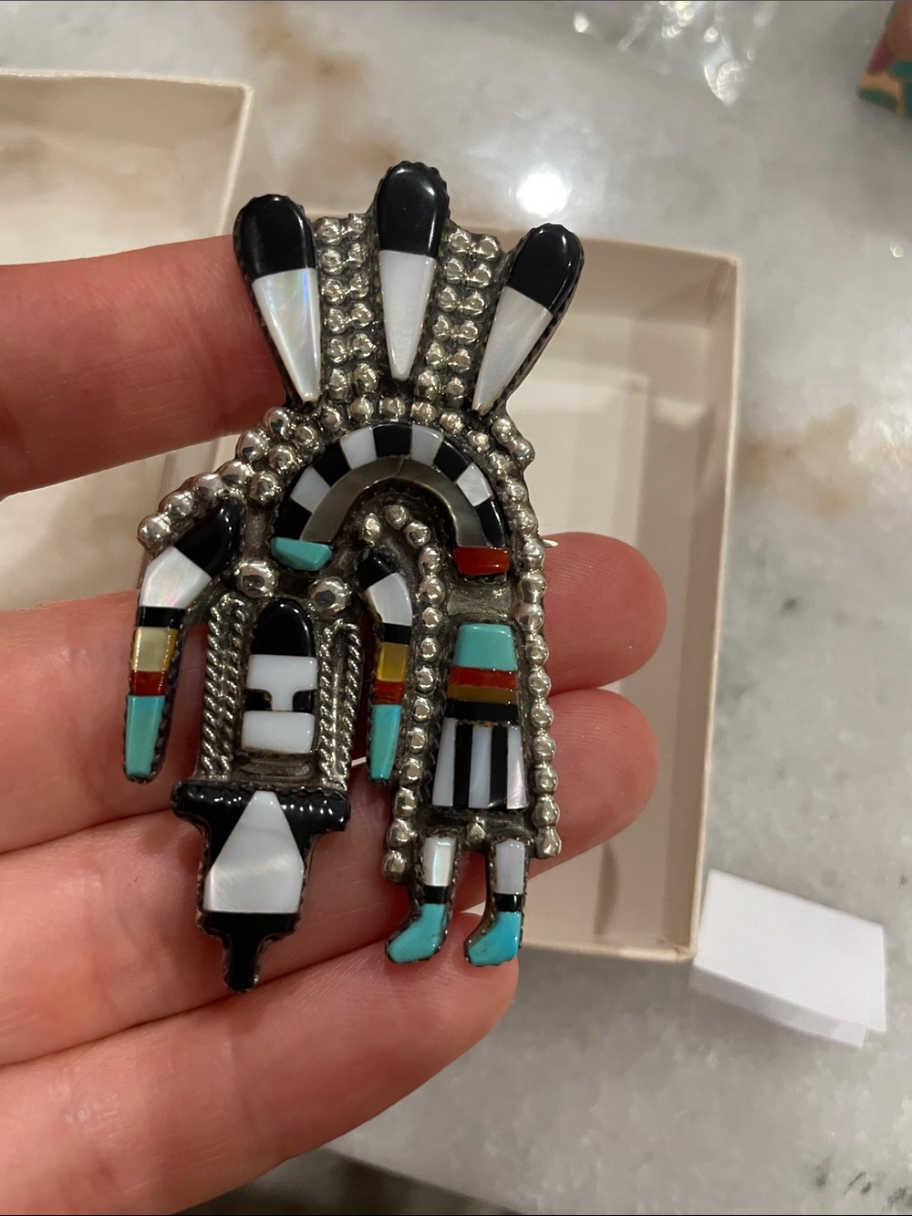 Zuni Native American Rainbow Dancer Multi Stone Inlay 925Sterling Silver Jewelry